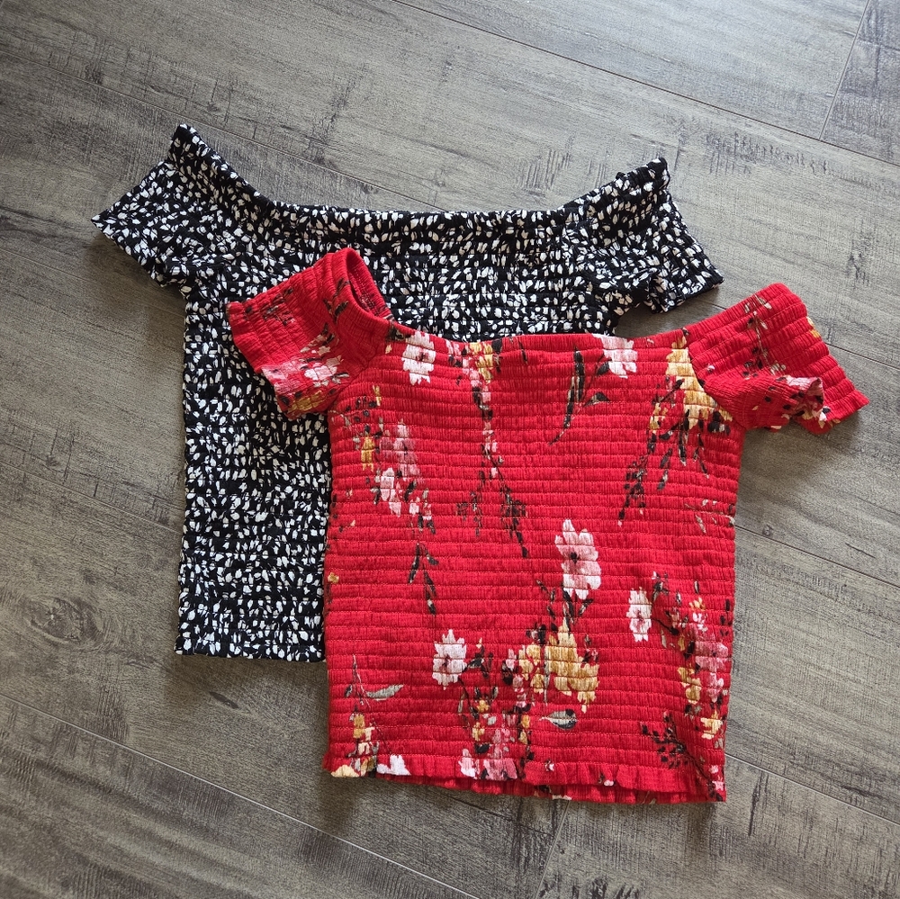 Dynamite Red Floral and Black Patterned Off Shoulder Tops